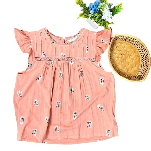 Lucky Brand Pink Crochet Floral Top Pleated Bodice Flutter Sleeve Size Large - Picture 5 of 17